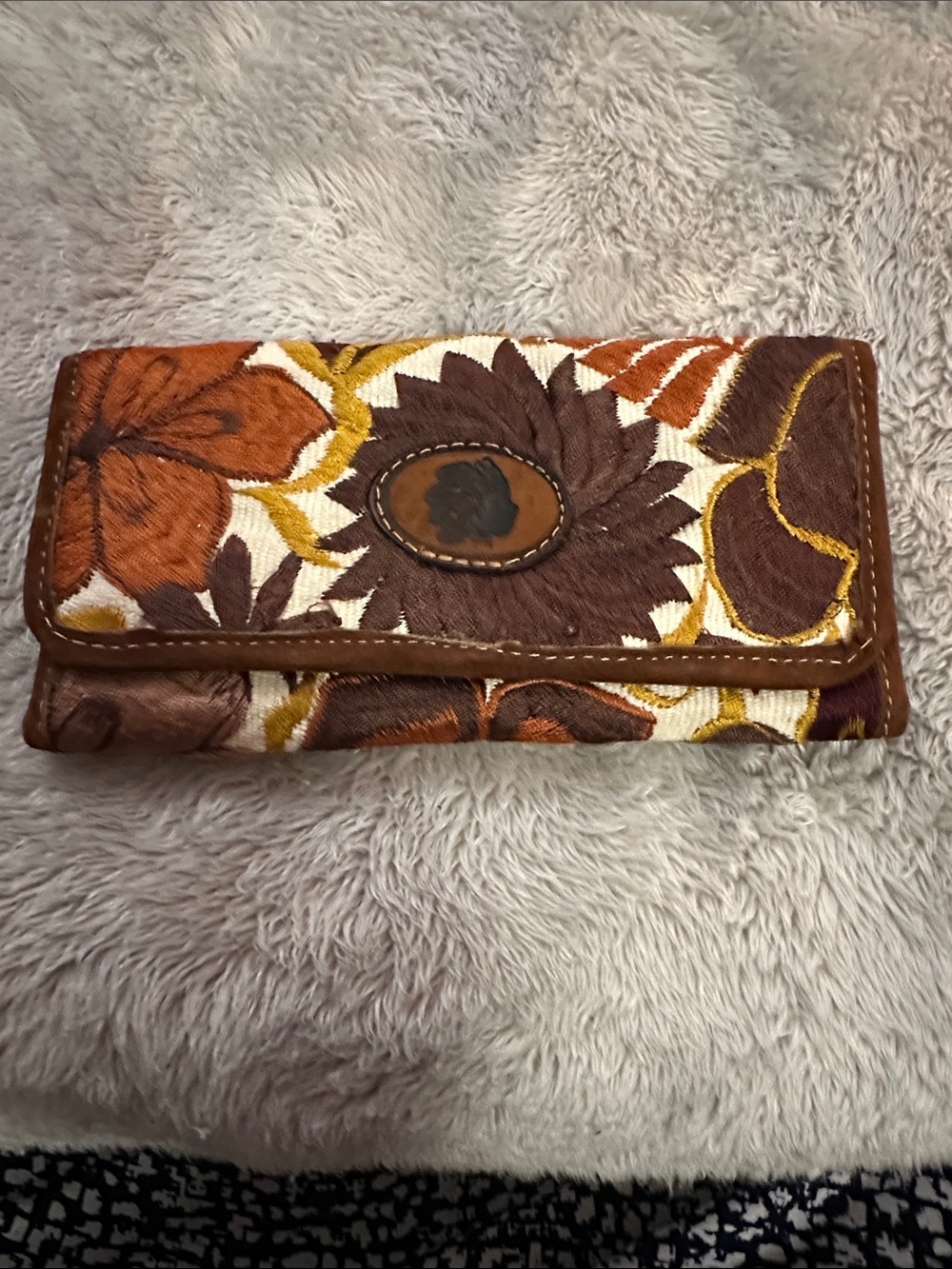 Floral Embroidered Fold-Over Wallet in Brown and Cream